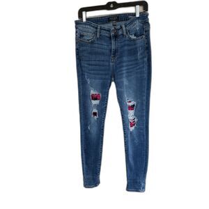 Judy‎ Blue Distressed Skinny Jeans Red Buffalo Plaid Patch Size 9/29